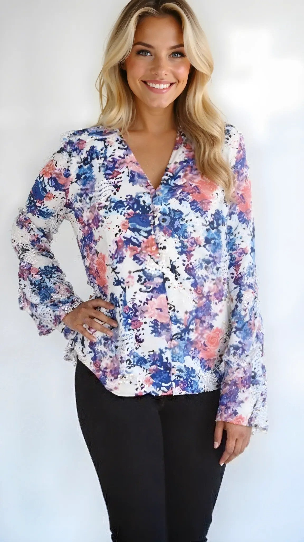 Tahari ASL Bell-Sleeve Georgette Blouse, XL Ivory Slate Coral