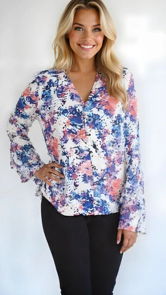 Tahari ASL Bell-Sleeve Georgette Blouse, XL Ivory Slate Coral