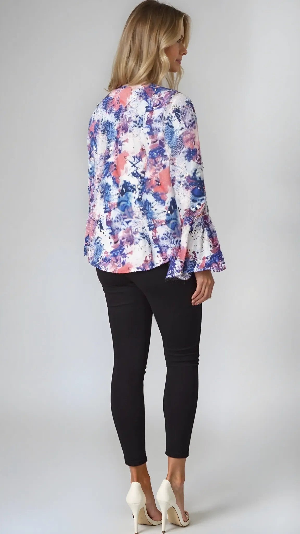 Tahari ASL Bell-Sleeve Georgette Blouse, XL Ivory Slate Coral