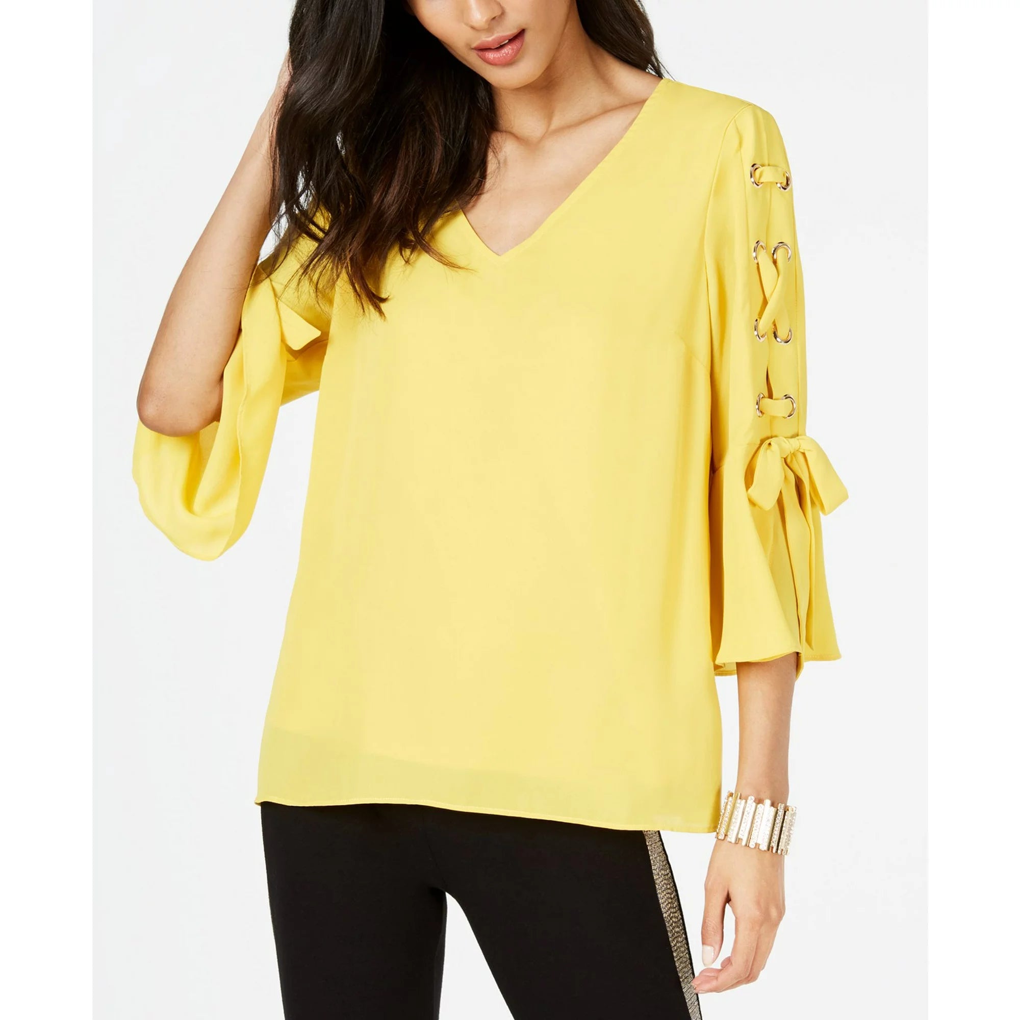 Thalia Sodi Grommet-Sleeve Blouse Yellow, Size Small