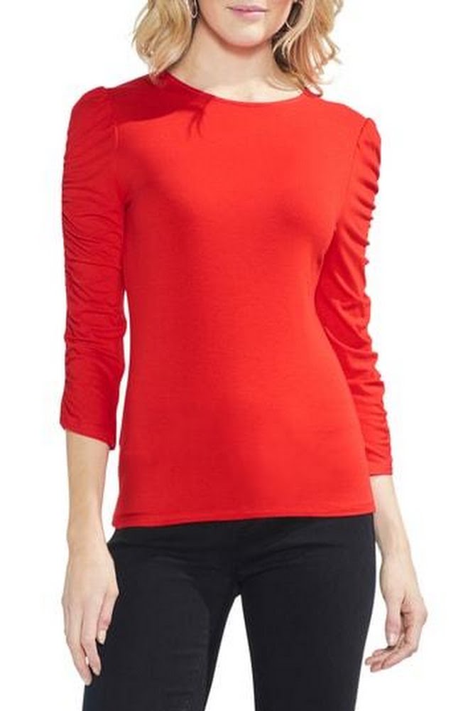 Vince Camuto Essential Long Sleeve Crewneck Top, Red, Size Large