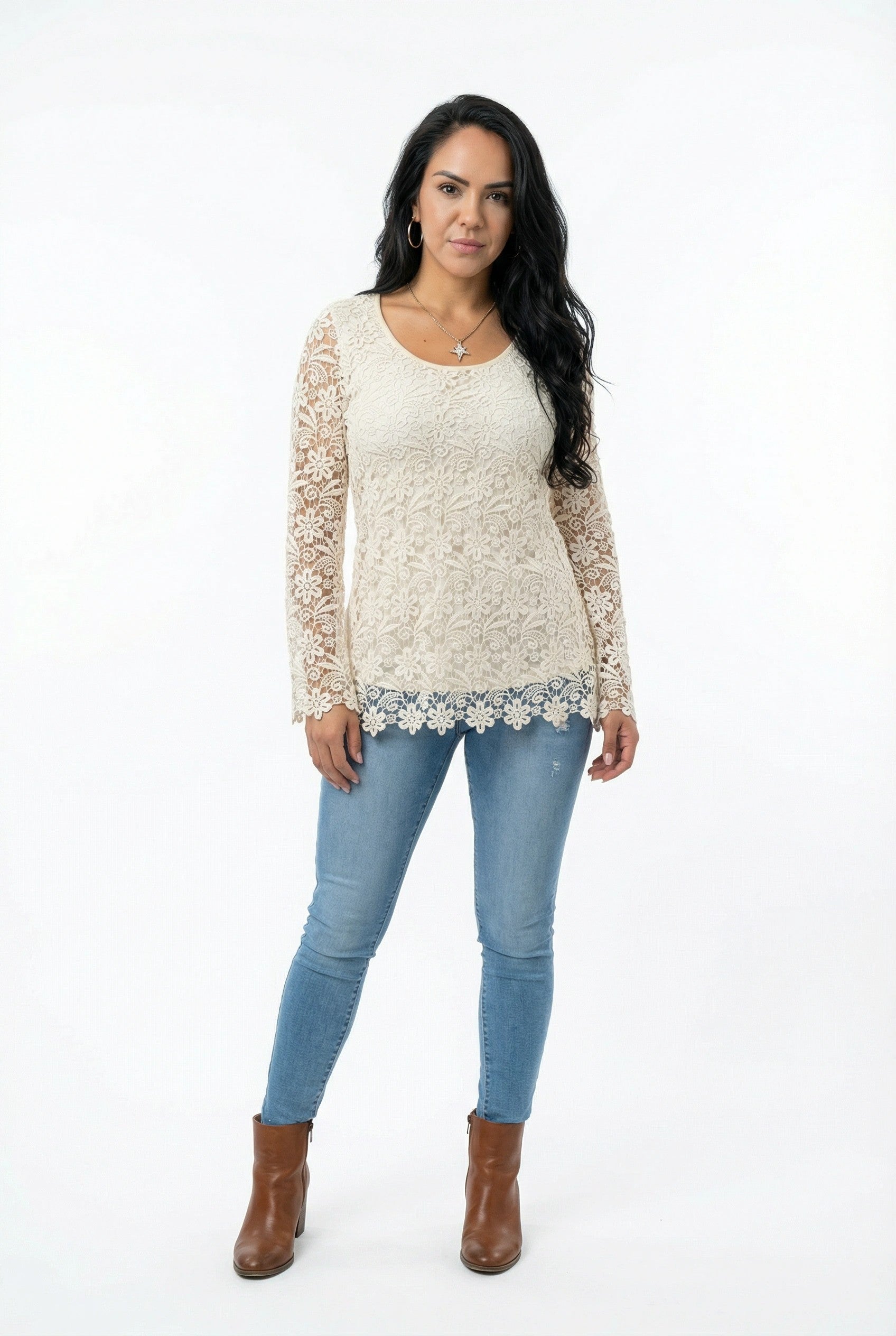V Cristina Crocheted Long Sleeve Tunic Top, Large