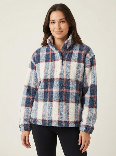 Berkley and Jensen Womens Quarter Zip Mockneck Sherpa Plaid Pullover