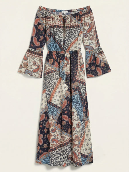 Venus Paisley Floral Patchwork Off Shoulder Maxi Dress, Size 10