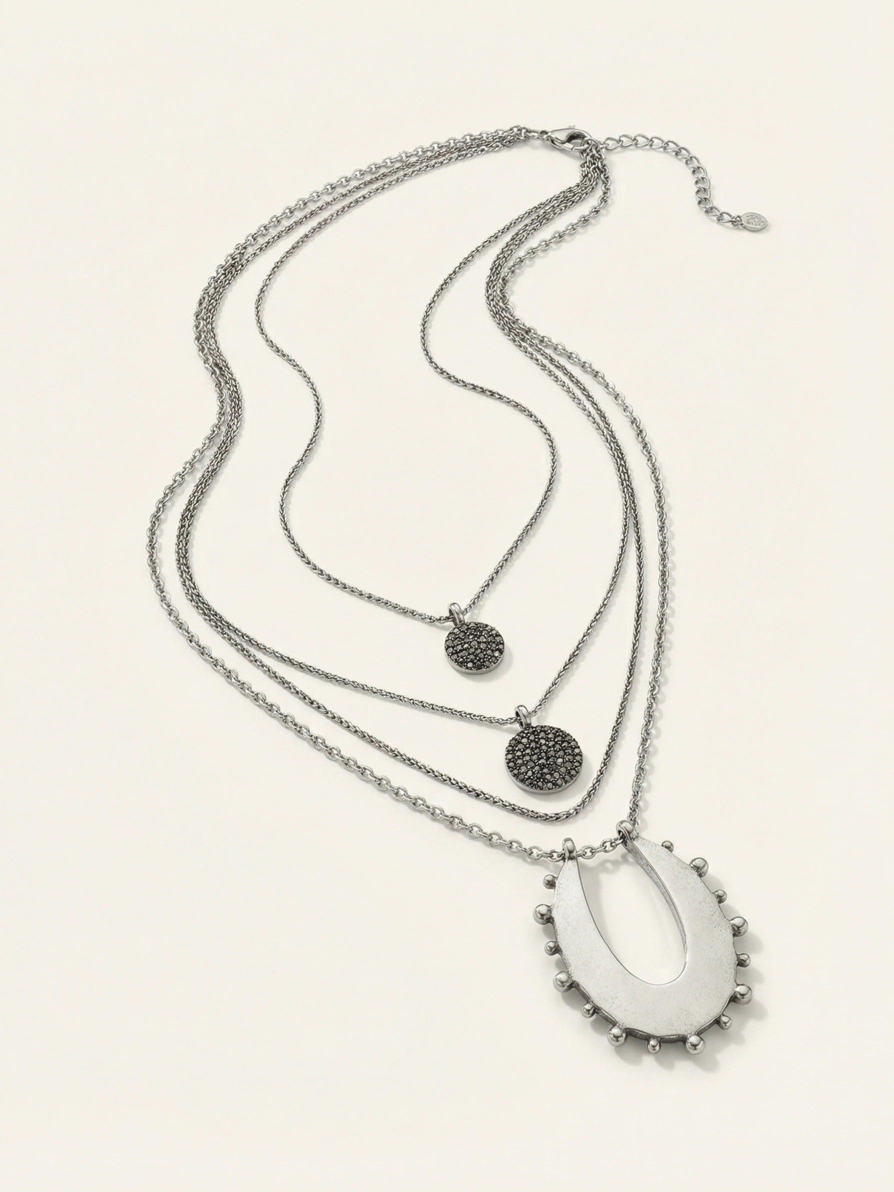 Lucky Brand Silver-Tone Pave Oval Convertible Layered Pendant Necklace