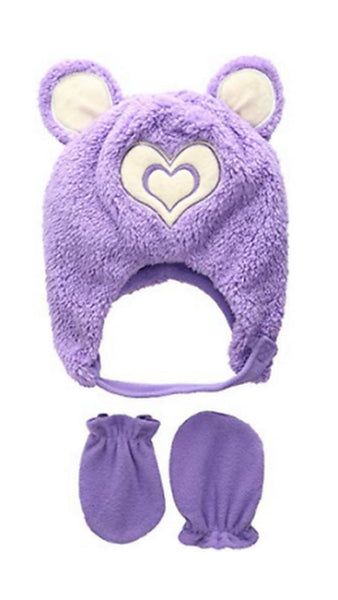 Wippette Toddler Girls Sherpa Heart Critter Hat Mitten Set, Purple