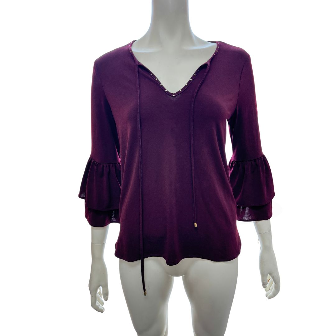 Eci Keyhole Bell-Sleeve Blouse, Size Medium