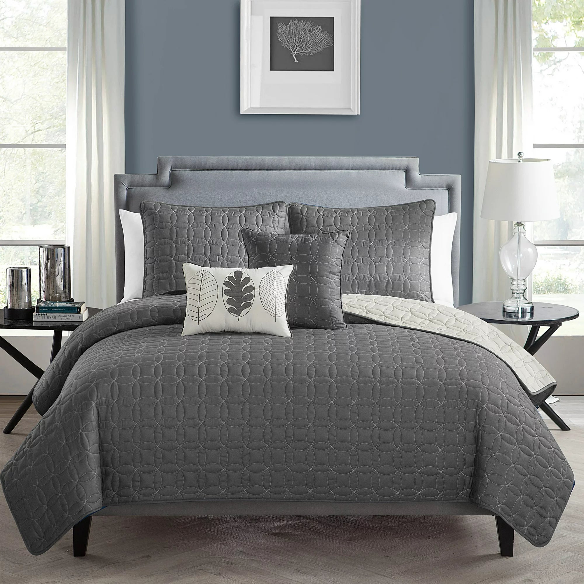 VCNY Home Hayden Solid Reversible Geometric Quilt Set, Queen, Charcoal/Vanilla