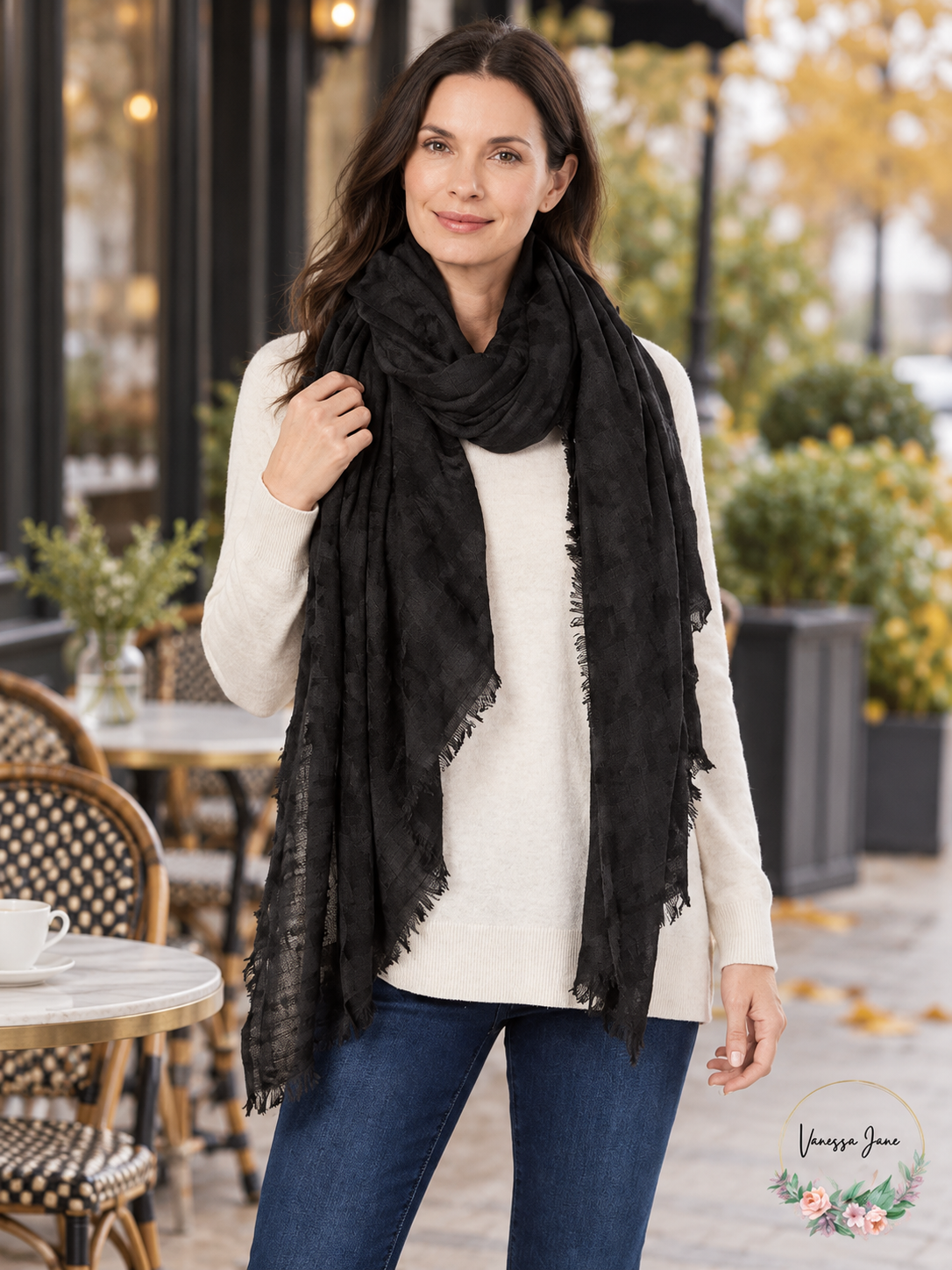 Cejón Women's Gauzy Basketweave Travel Scarf & Wrap – Charcoal — lifestyle photo