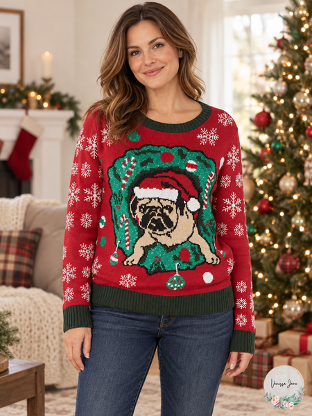 Pug holiday sweater lifestyle