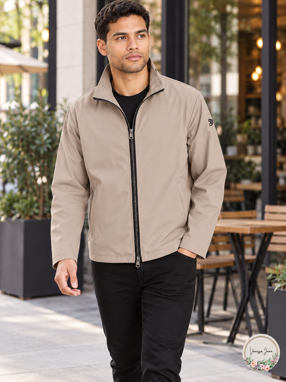 Calvin Klein Mens Full-Zip Water Resistant Bonded Jacket Beige, Size Small – lifestyle photo, Vanessa Jane
