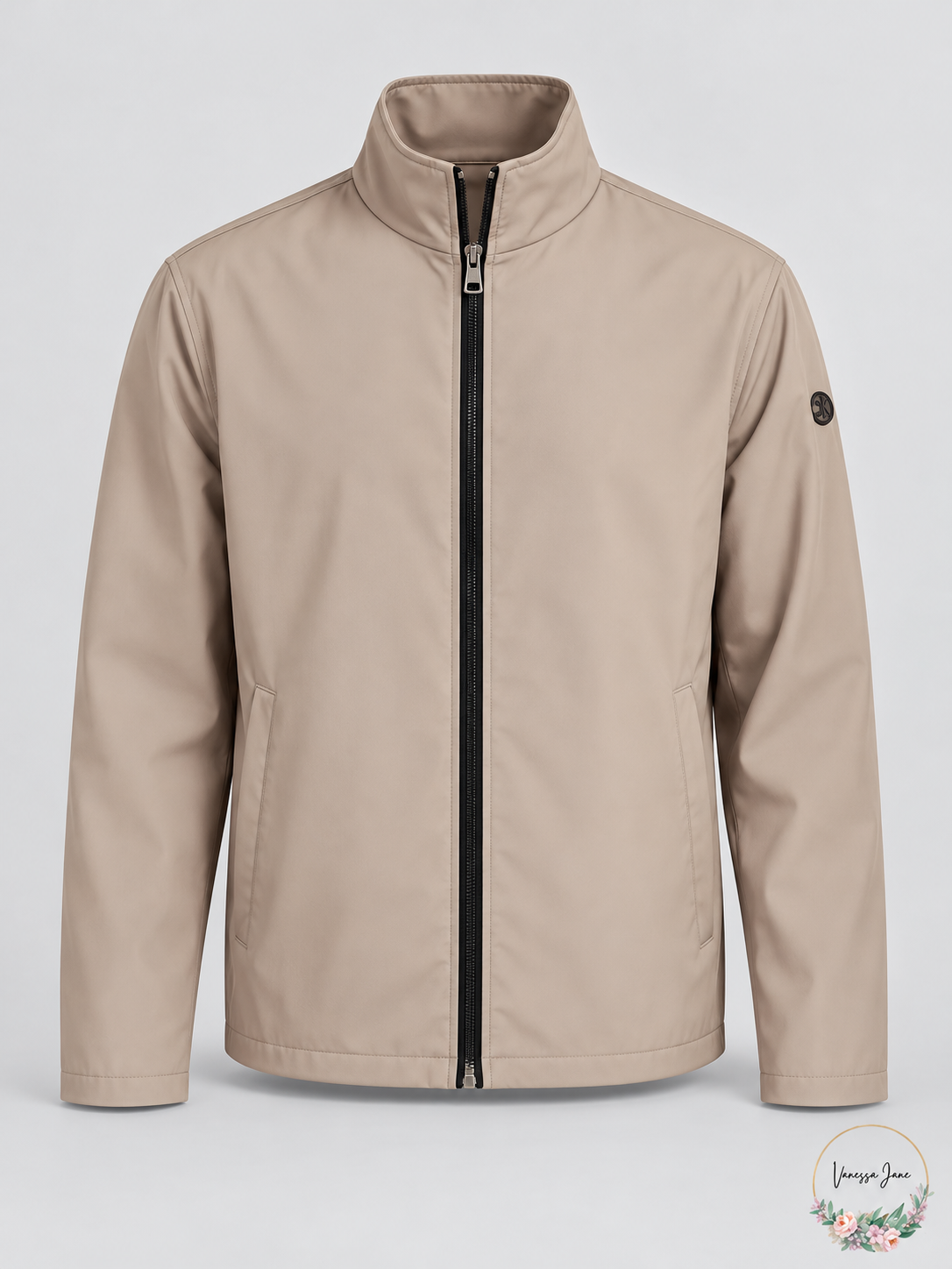 Calvin Klein Mens Full-Zip Water Resistant Bonded Jacket Beige, Size Small – stock product photo, Vanessa Jane