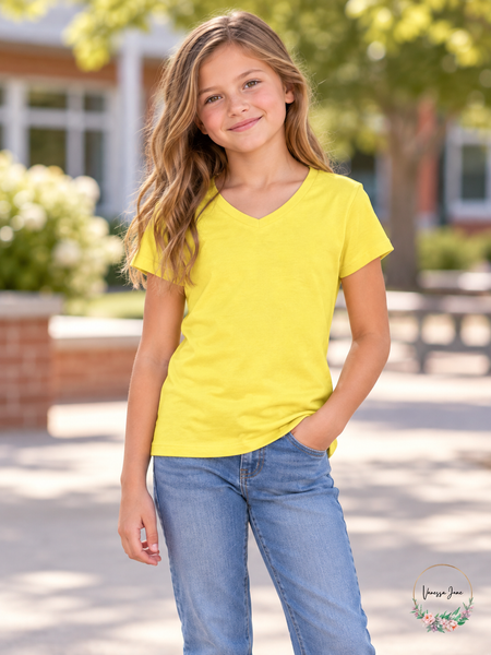 Clementine Girls Yellow Short-Sleeve Princess V-Neck Tee — lifestyle photo