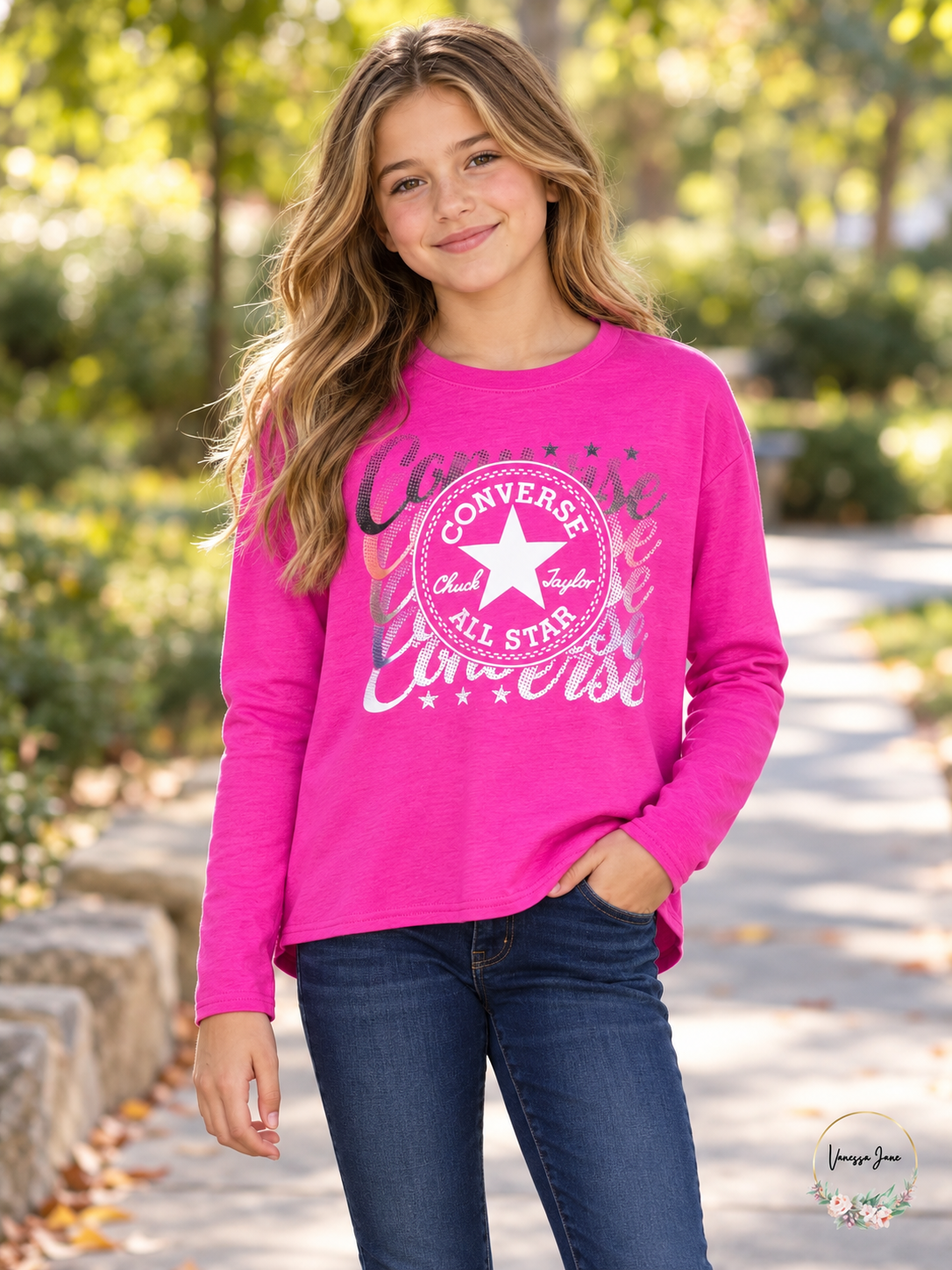 Converse Big Girls' Pink All Star Logo Long Sleeve High-Low Shirt Size L — lifestyle photo
