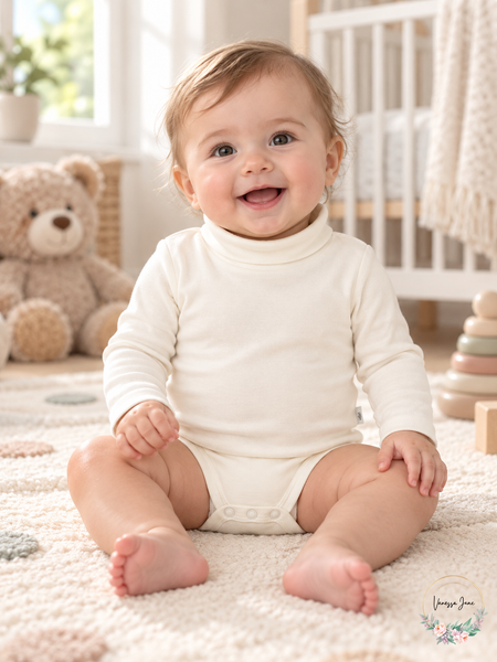 CuteOn Baby Boys Girls Solid Turtleneck Cotton Bodysuit, Beige 6 Months — lifestyle photo