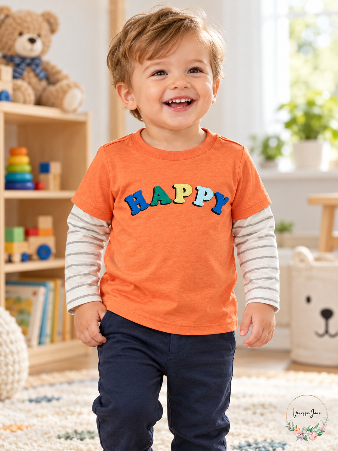 First Impressions Baby Boys Happy-Print Layered-Look Tee, Orange – lifestyle photo, Vanessa Jane