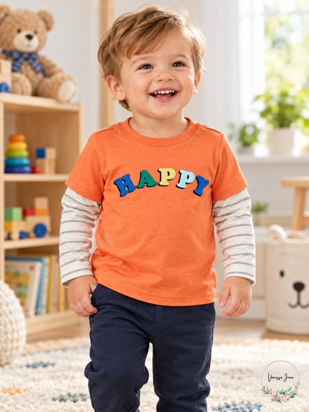 First Impressions Baby Boys Happy-Print Layered-Look Tee, Orange – lifestyle photo, Vanessa Jane