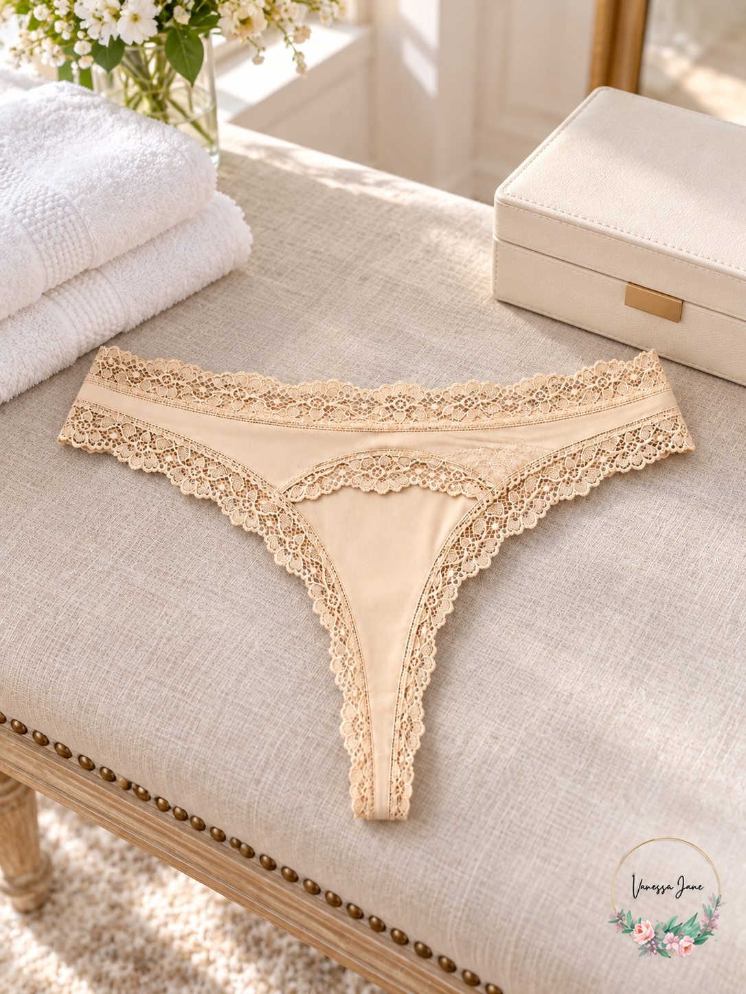 Jenni Womens Lace-Trim Thong, Black & Beige – life photo, Vanessa Jane