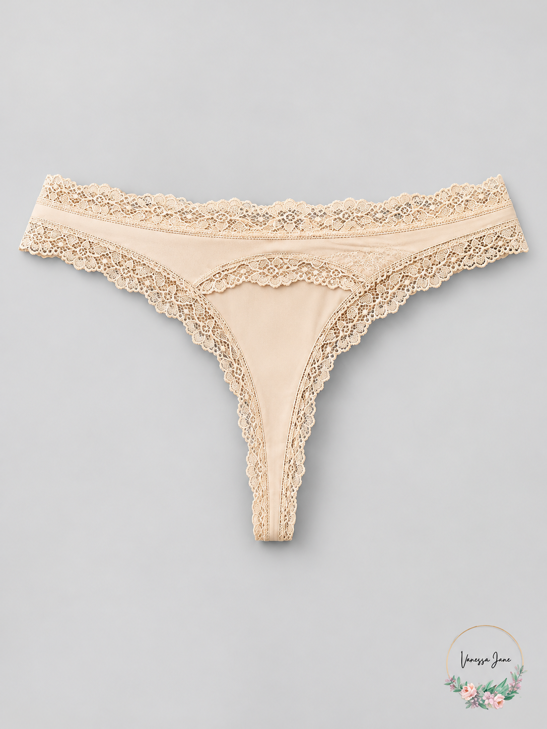 Jenni Womens Lace-Trim Thong, Black & Beige – stock photo, Vanessa Jane