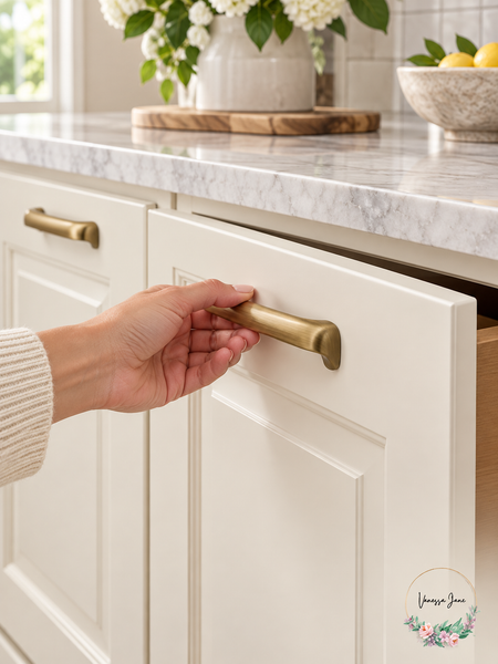 K1-9013 Satin Dover Power and Beauty Solid Brass Cabinet Pull – 3 In. – life photo, Vanessa Jane