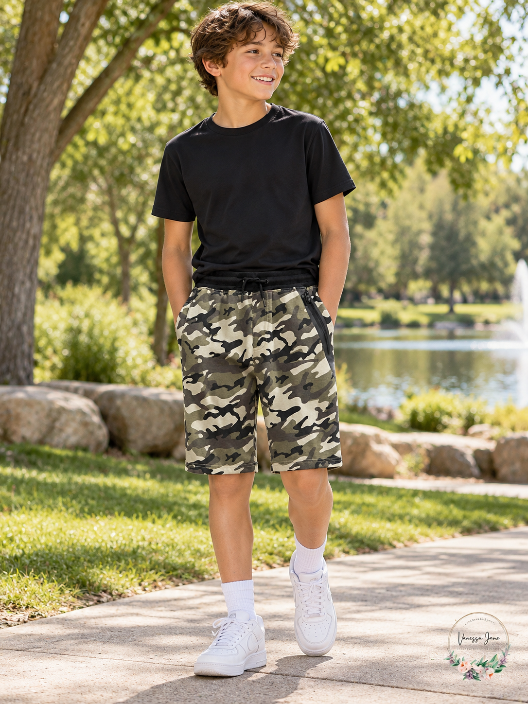 Univibe Big Boys Volt Fleece Shorts, Size Large, Olive Camo – life photo, Vanessa Jane