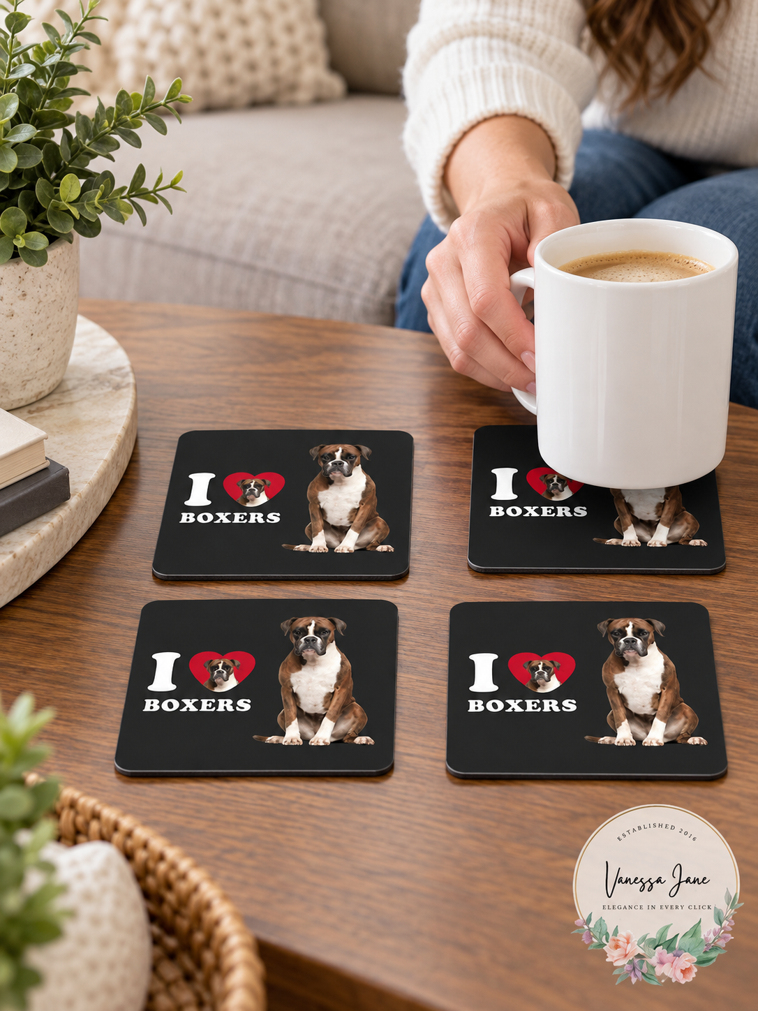 Tree-Free Greetings I Heart Boxers 4-Pack Artful Coasters Set – life photo, Vanessa Jane
