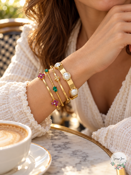 Thalia Sodi Gold-Tone 4-Pc. Set Imitation Pearl and Crystal Bangle Bracelets – life photo, Vanessa Jane