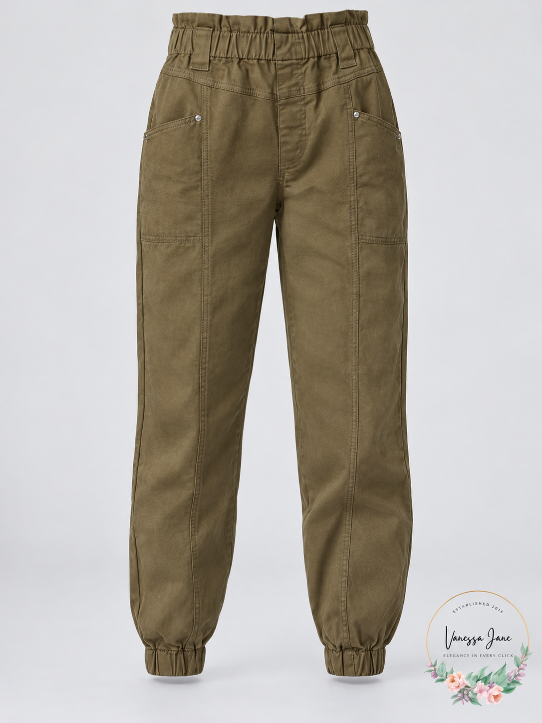 Frayed Denim Paper Bag-Gy Jogger Pants – Olive Night, Size 32 – stock photo, Vanessa Jane