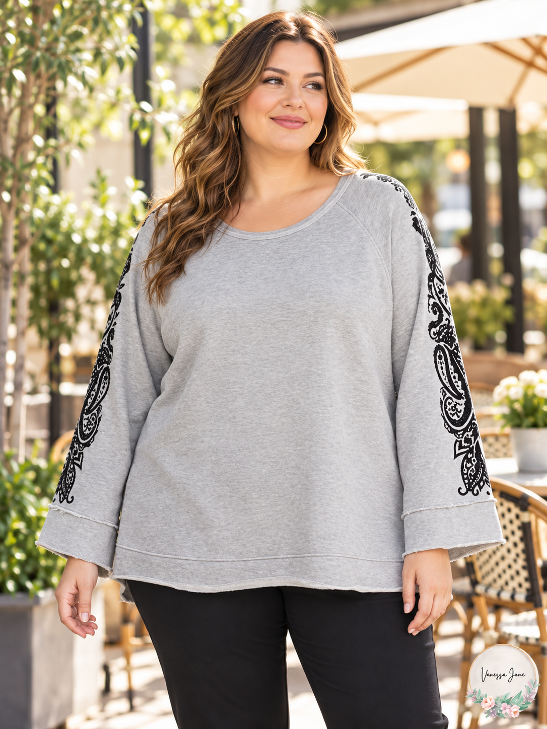 Lifestyle photo: Seven7 Women's Plus Bell-Sleeve Sweatshirt, Heather Gray, Size 1X