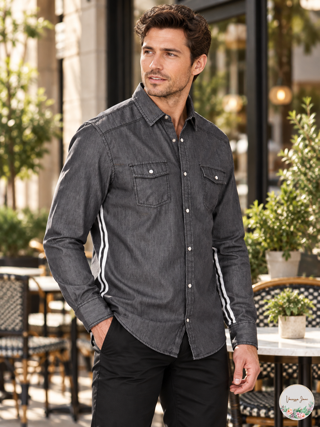 Lifestyle photo: INC Men's Side-Stripe Long-Sleeve Button-Front Shirt, Gray, Large