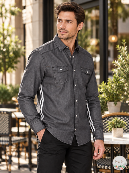Lifestyle photo: INC Men's Side-Stripe Long-Sleeve Button-Front Shirt, Gray, Large