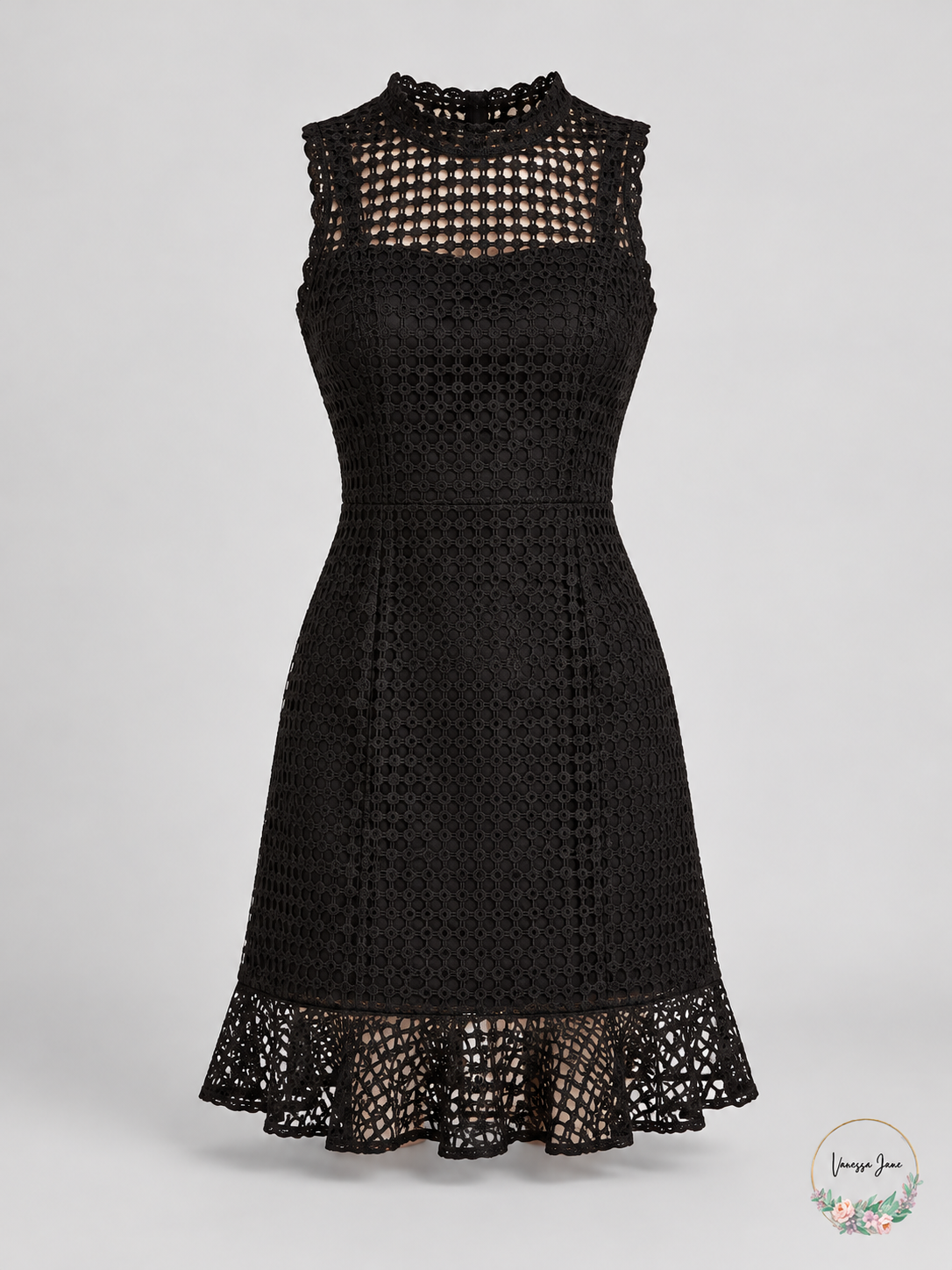 Stock product photo: Betsey Johnson Petite Crochet-Lace Ruffle-Hem Dress, Onyx, 12P