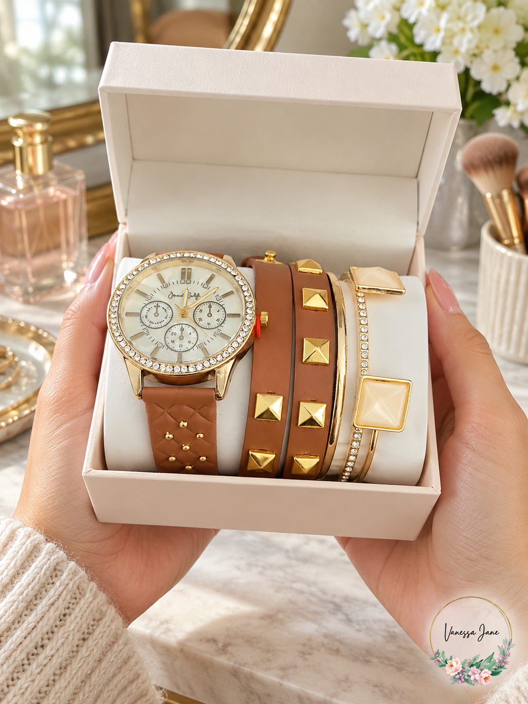 Jessica Carlyle Brown Strap Watch and Coordinating Bracelet Set | brown lifestyle | VJ20261021 78-brown-lifestyle