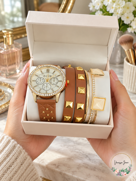 Jessica Carlyle Brown Strap Watch and Coordinating Bracelet Set | brown lifestyle | VJ20261021 78-brown-lifestyle