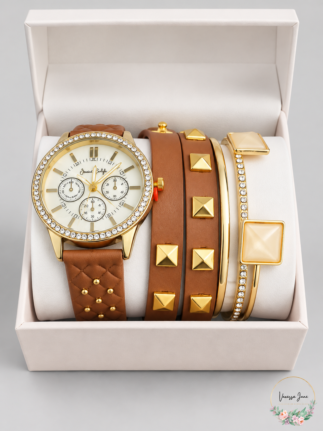 Jessica Carlyle Brown Strap Watch and Coordinating Bracelet Set | brown stock | VJ20261021 78-brown-stock