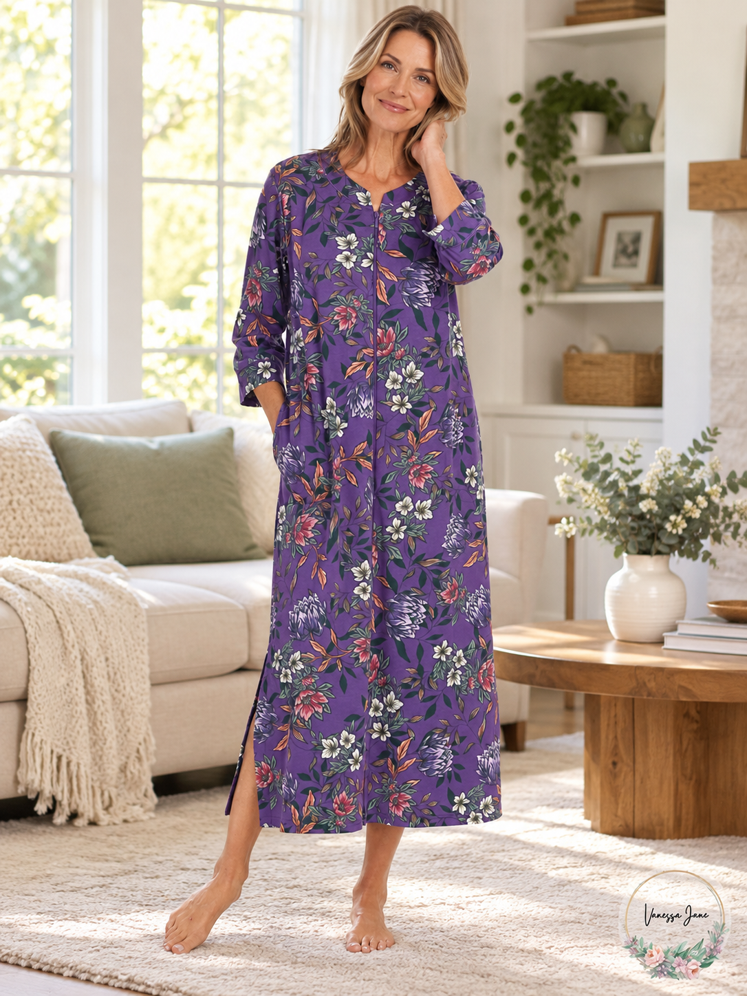 Miss Elaine Women's Eggplant Floral Zip-Front Robe | eggplant lifestyle | VJ20261021 90-eggplant-lifestyle