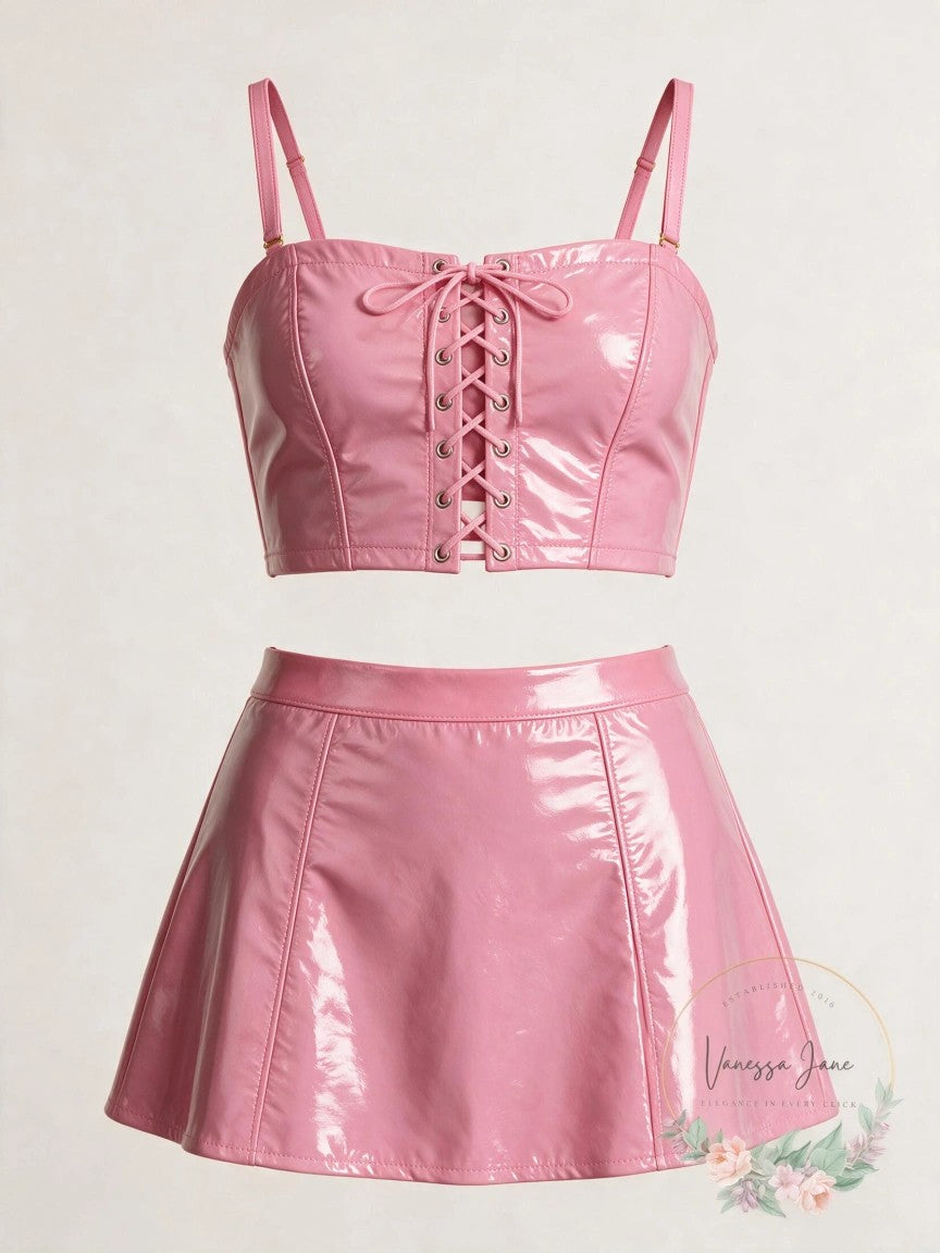 Vanessa Jane Womens Shiny Vinyl Mini Skirt and Lace-Up Top, Size Large