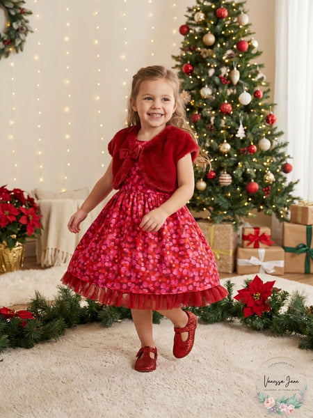 cat & Jack Holiday Dress Bloomers & Faur Fur Shrug Sz 12Mo