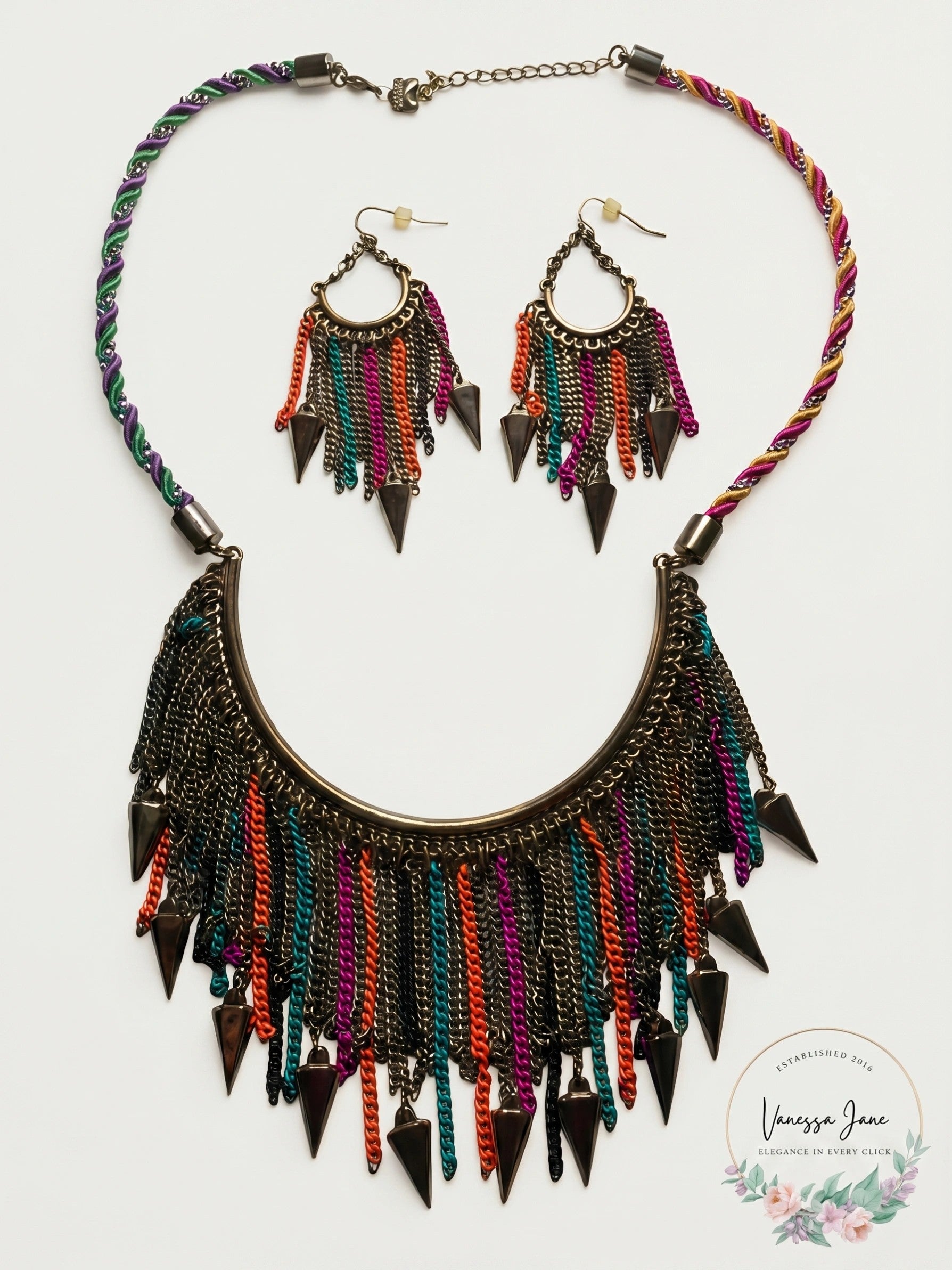 Vera Wang Born To Rule Boho Chain Fringe Collar Necklace and Earrings Colorful S