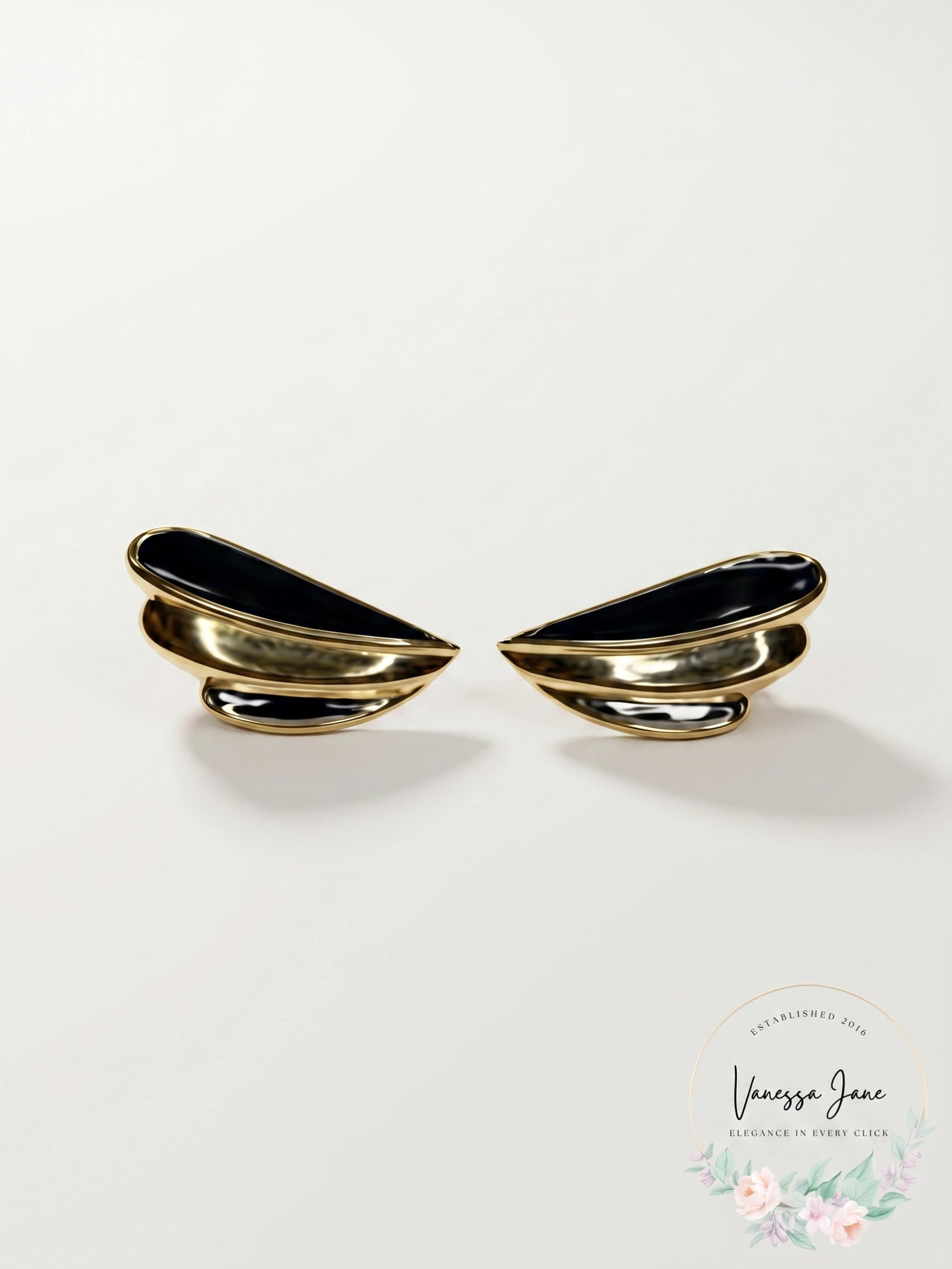 Vintage Trifari Gold Tone Black Enamel Accent Pierced Earrings