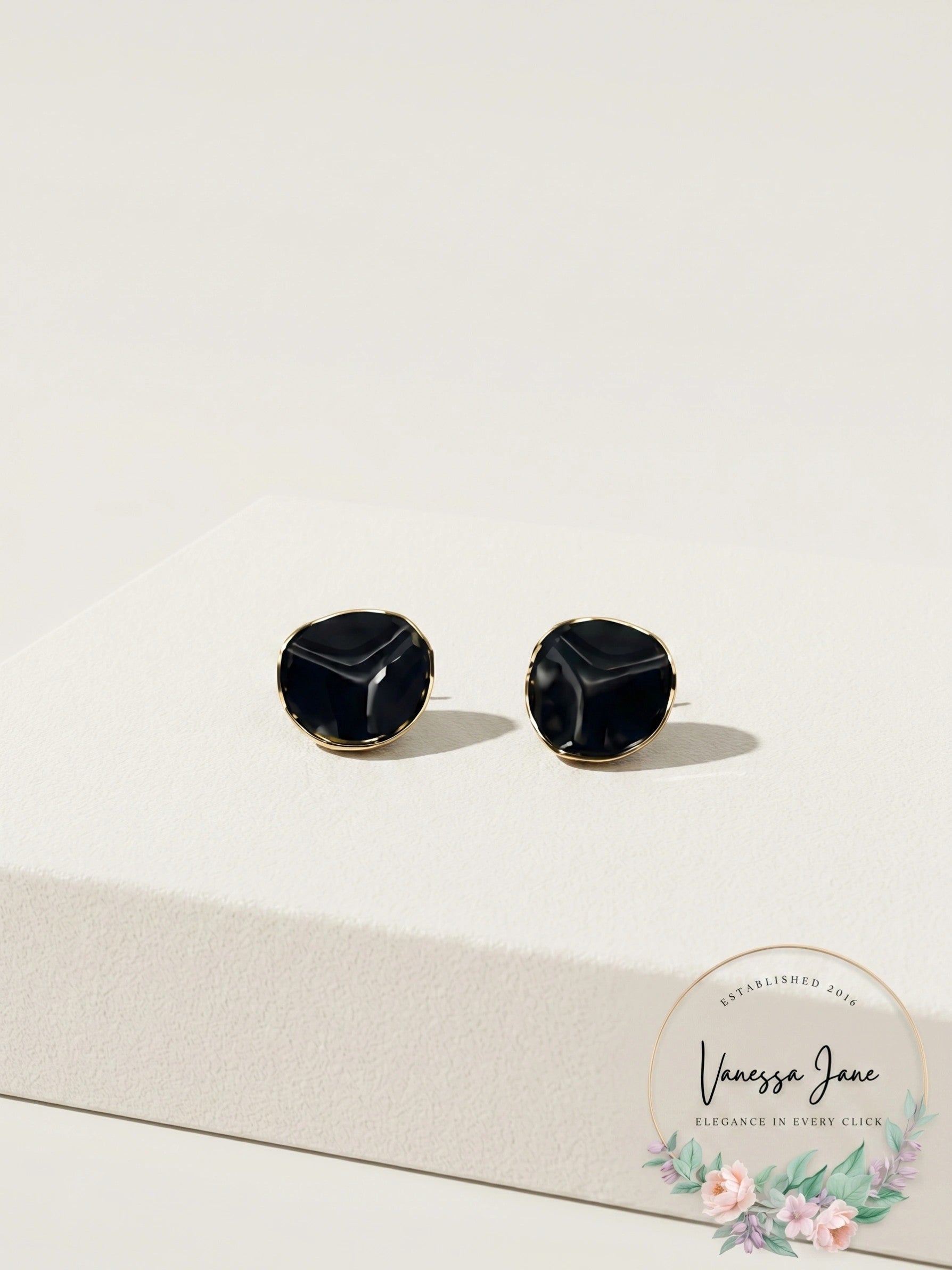 Vintage Round, Black, Gold Trim Earrings