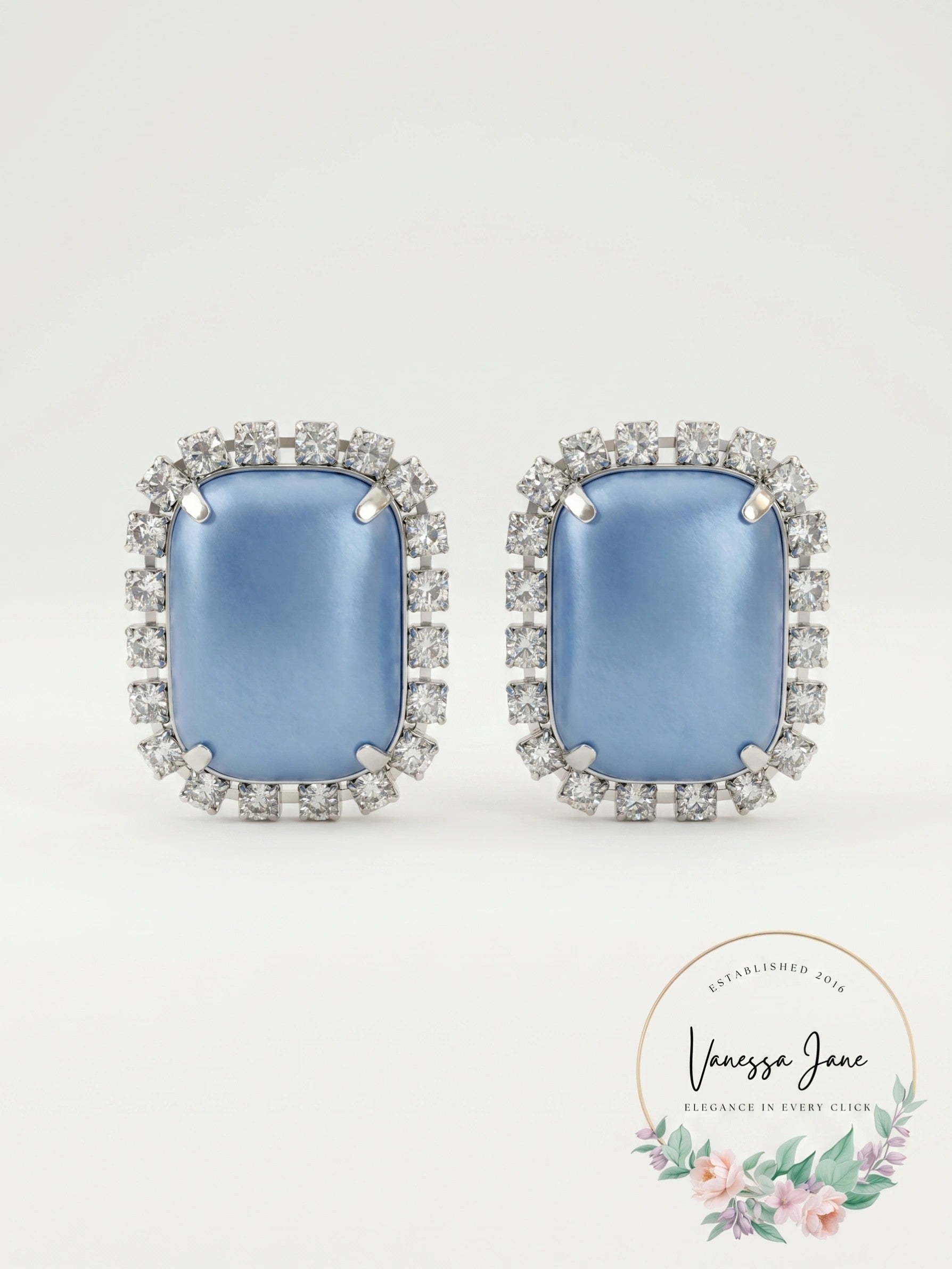 Vintage Earrings Blue Satin Glass Light Blue Rhinestones, Polished Silver Plated