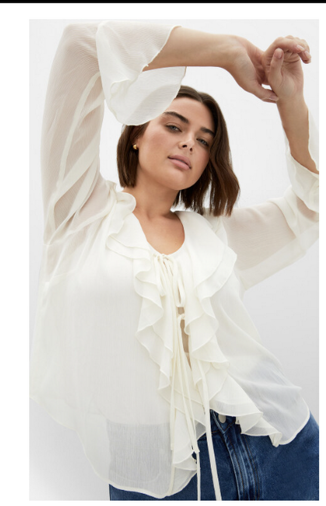 City Chic Luscious Sheer Ruffles Top - cream