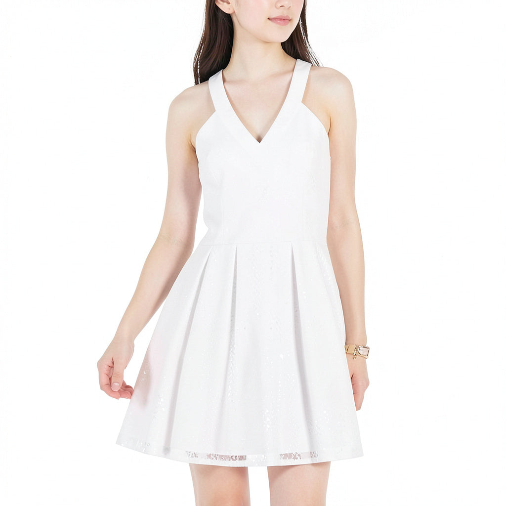 Crystal Dolls White Sleeveless V Neck Short Fit + Flare Dress Juniors 5