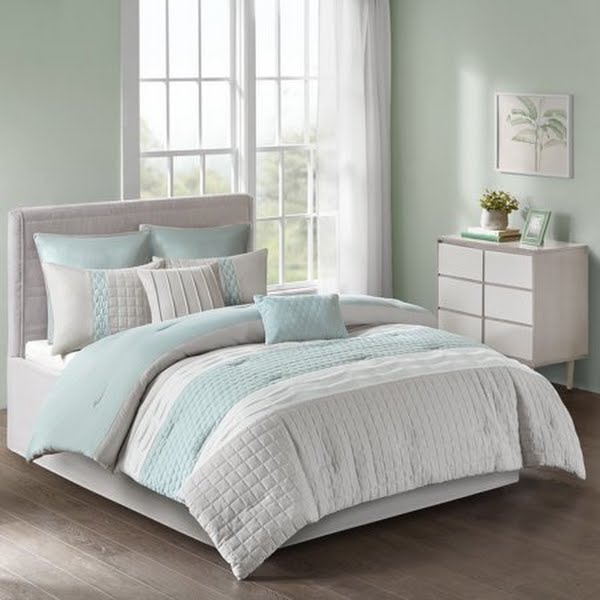 510 Design Josefina Comforter  8 piece Set, Seafoam and Grey - Queen