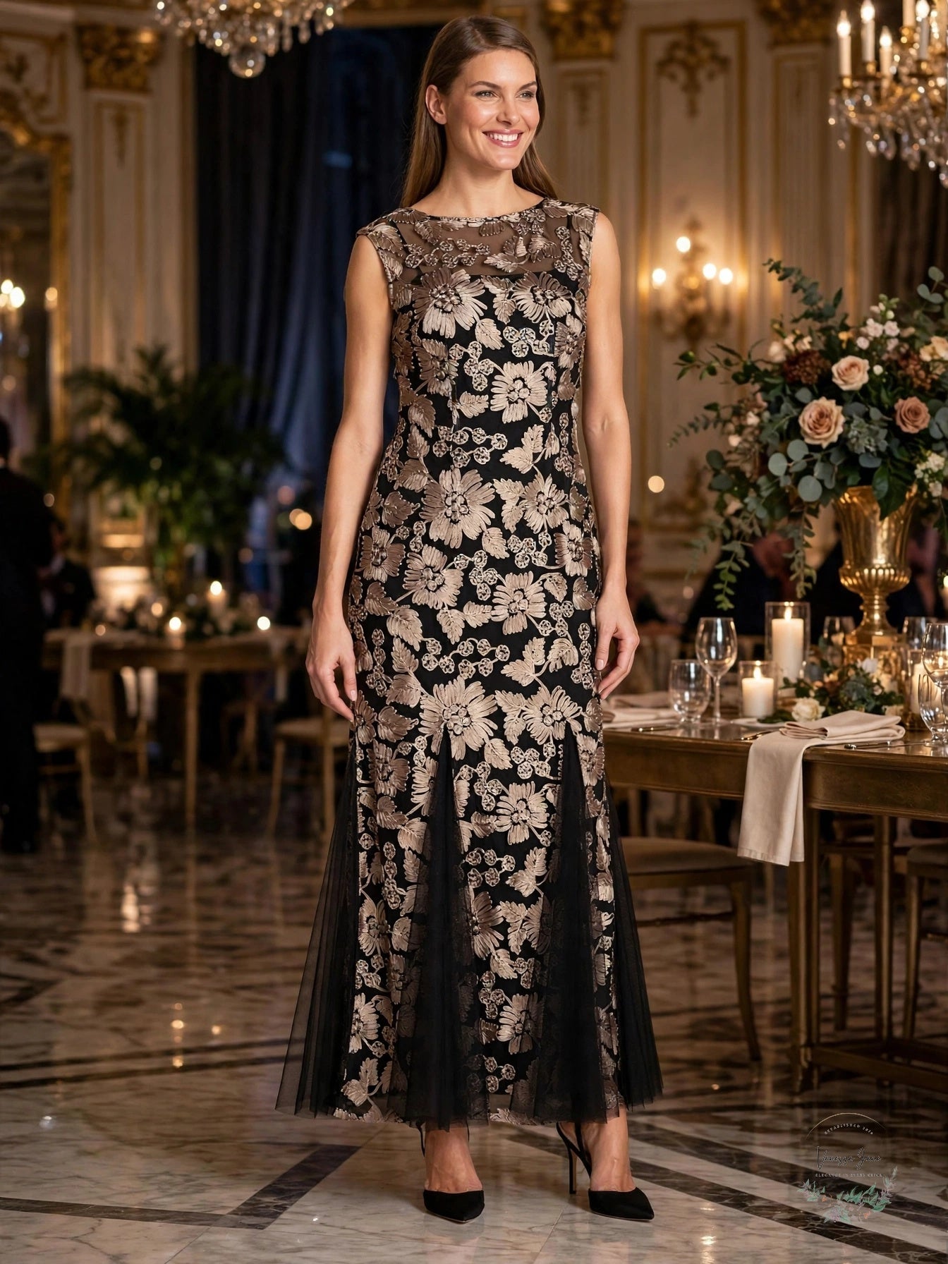Alex Evenings Women's Embroidered Illusion Neckline Gown, Size 18