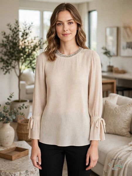 Alfani Women's Textured Stripe Embellished-Neck Top - Polished Beige