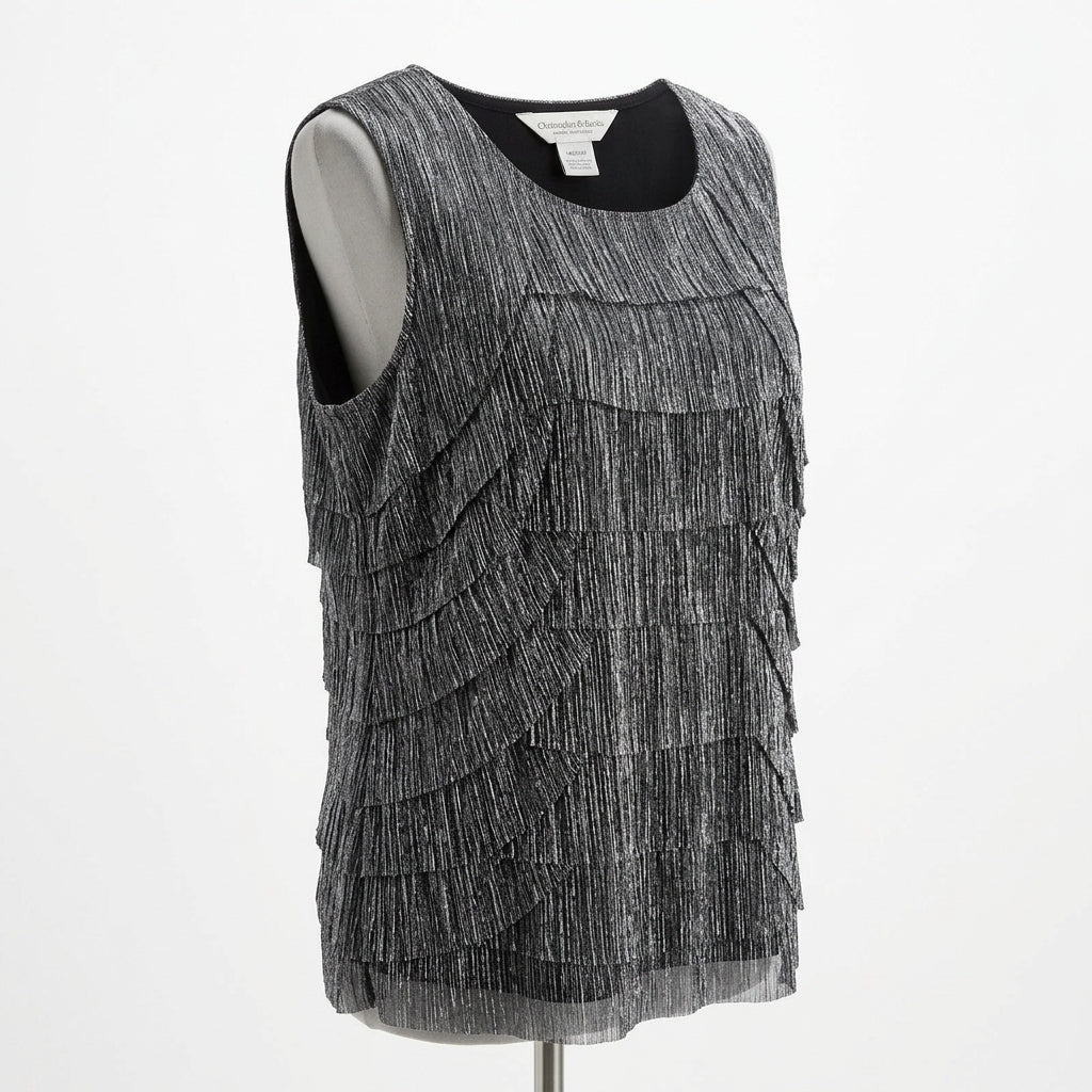 Christopher & Banks, Shiny Silver, Poly Metallic Blouse, Layered ,Size Medium