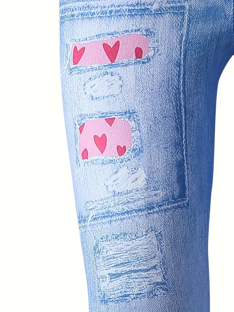 Girls All-Season Skinny Leggings - Chic Denim-Imitation Heart Pattern