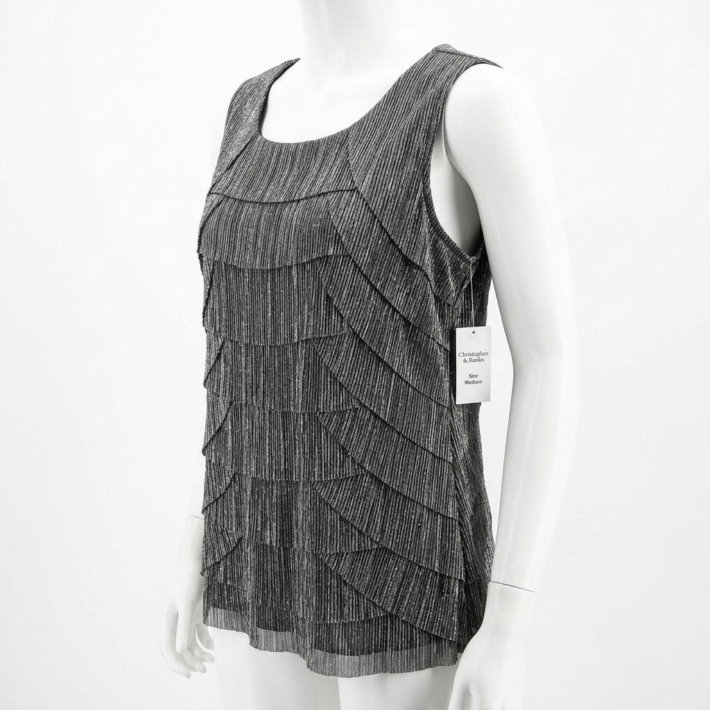 Christopher & Banks, Shiny Silver, Poly Metallic Blouse, Layered ,Size Medium